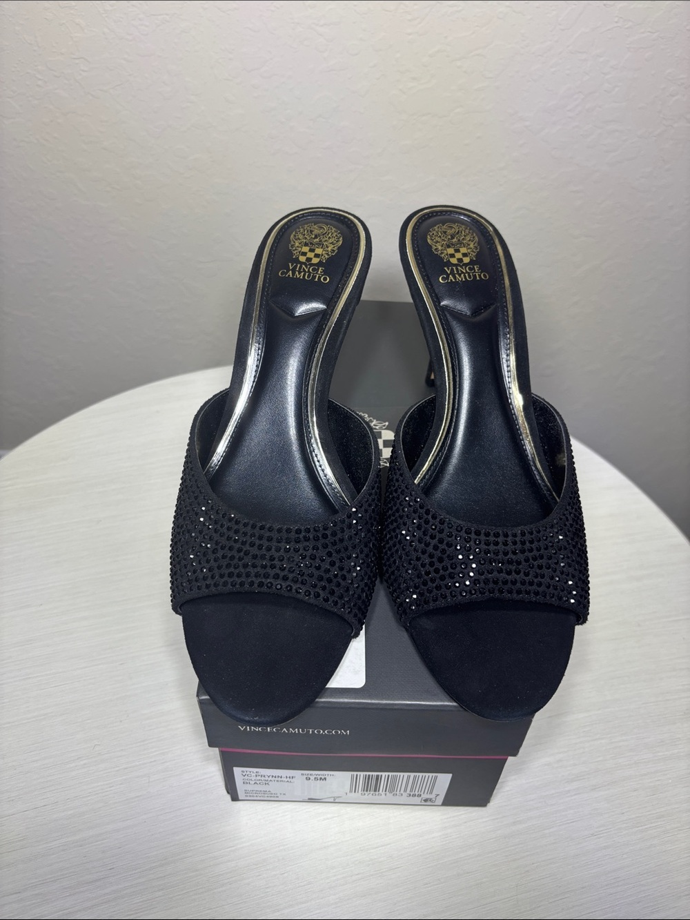 NIBox Vince Camuto Crystal Embellished Black Mule Heels Evening Shoes 9.5 - Picture 3 of 6